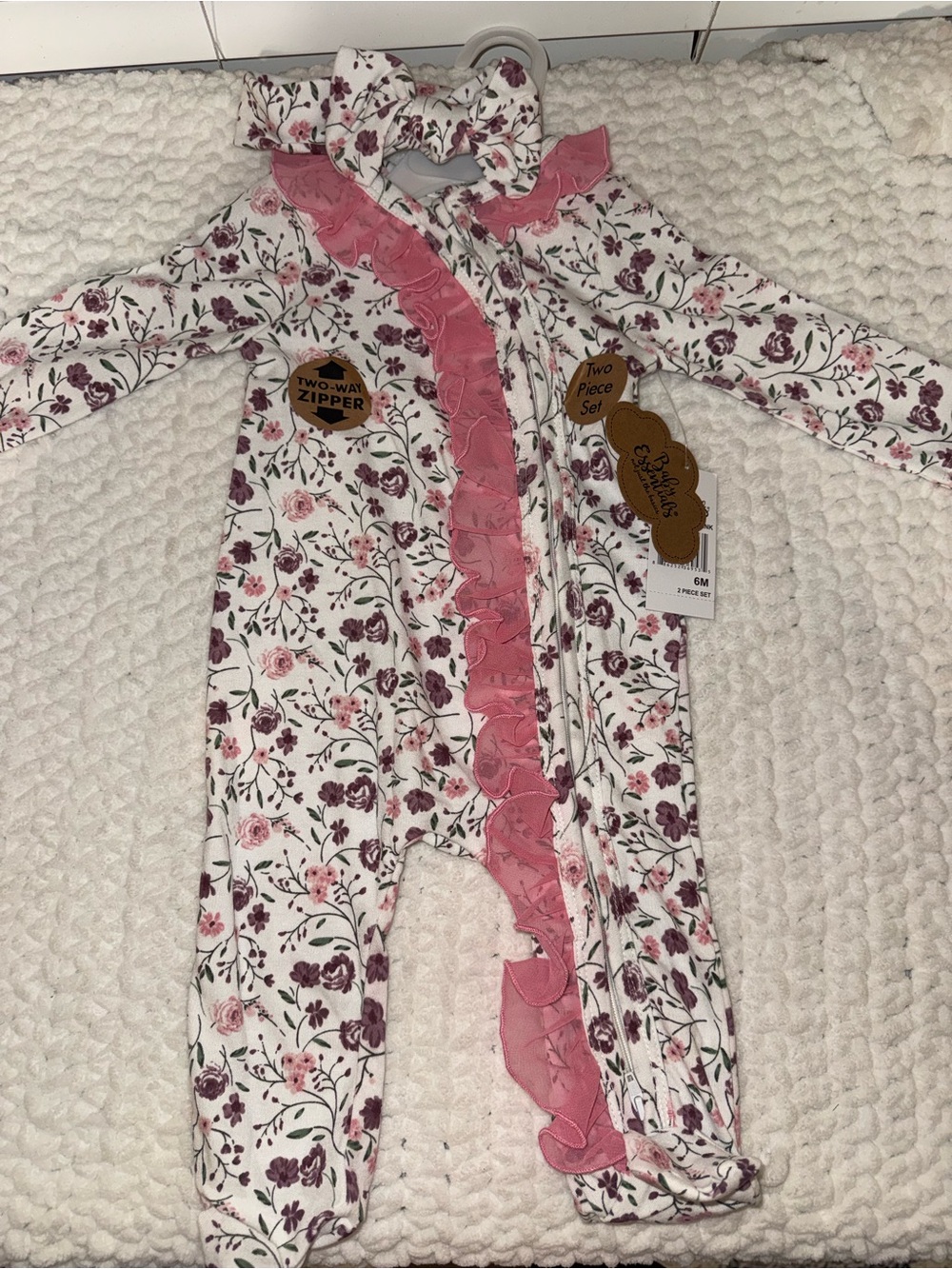 Baby Essentials Pink and Rose Floral Ruffle Footed One-Piece